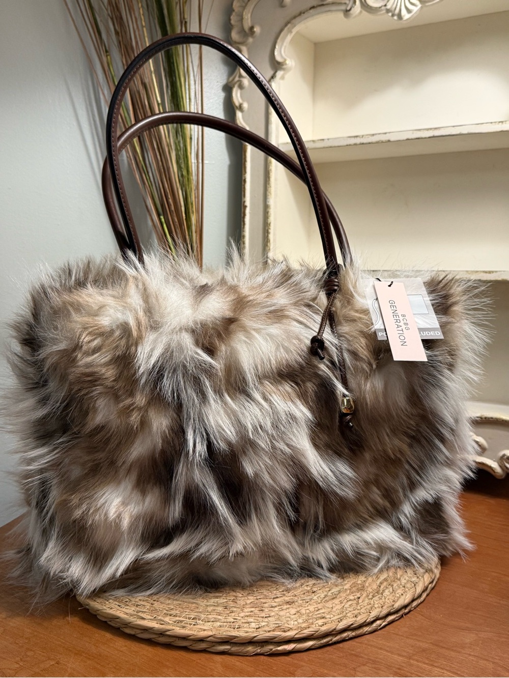 BCBG Faux Fur Tote Bag in Vanilla Mix - Stylish Everyday Shoulder Bag